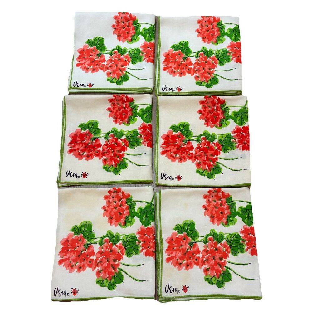 Vintage Vera Neumann Cloth Cotton Linen Napkins Floral Set Of 6 Red Green 15x16